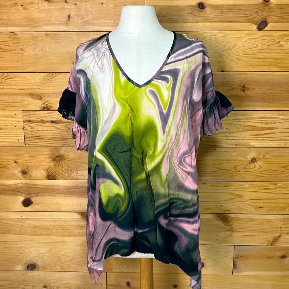 Tutu & Lilli silky tie dyed ruffle top blouse tunic boho hippie festival LG XL